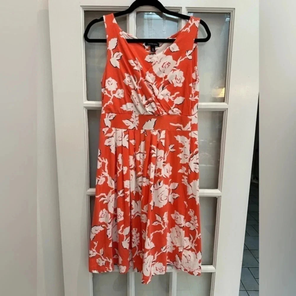 Lands’ End Floral Tropical Print Dress Size S Small 6 8 Orange & White Roses